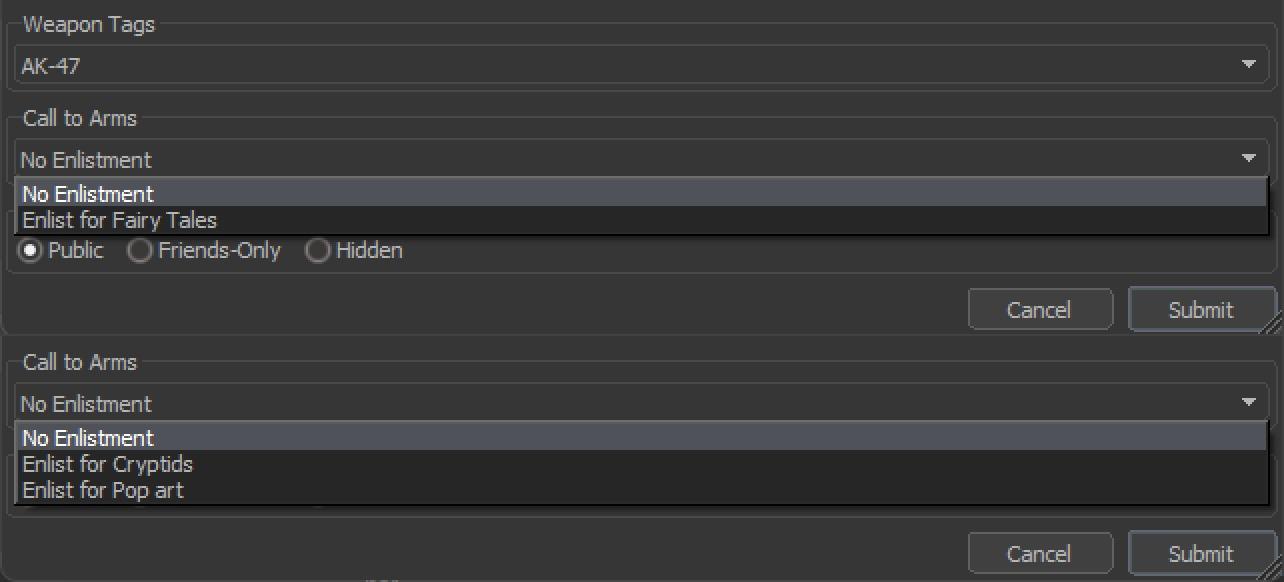 CS2 Workshop Submission UI showing how to submit to the collection contests. Dropdown menu shows the themes: Fairy Tales, Cryptids, Pop Art